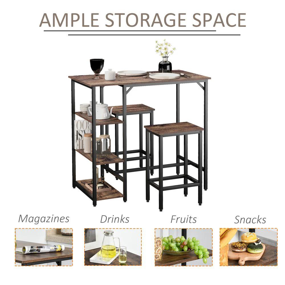 3PC Homcom Industrial Bar Height Dining Table Set With 2 Stools & Side Shelf, by HOMCOM