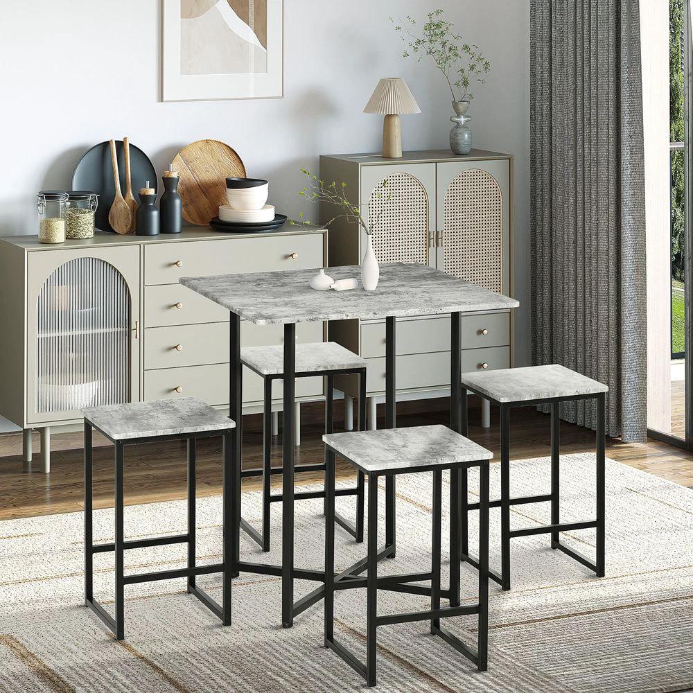 5pc Bar Table Set, Square Dining Table Set for 4 People, Concrete Grey by HOMCOM
