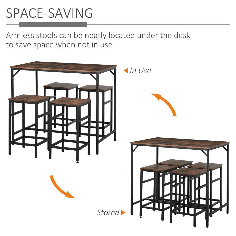 HOMCOM MDF Industrial 5-Piece Dining Set Dining Table with 4 Stools Black/Brown - Uncategorized Dining Set