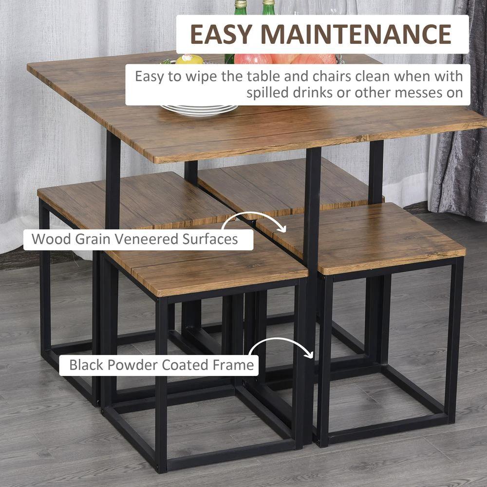 HOMCOM MDF Topped Steel 5-Piece Dining Set Dining Table with 4 Stools Black/Brown - Uncategorized Dining Set