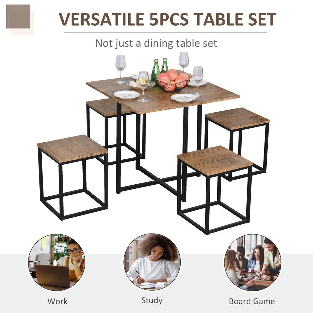 HOMCOM MDF Topped Steel 5-Piece Dining Set Dining Table with 4 Stools Black/Brown - Uncategorized Dining Set