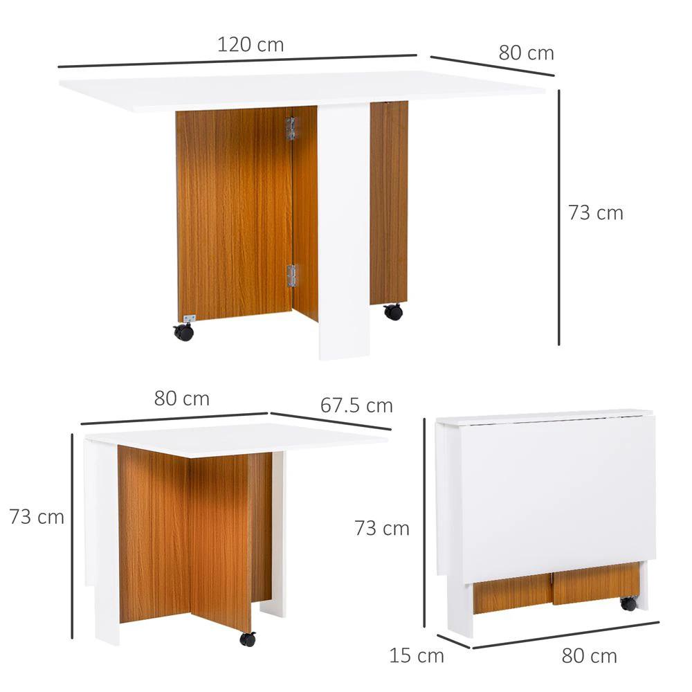 Folding Drop Leaf Table Dining Mobile Writing Desk W/ Casters-Teak/White by HOMCOM
