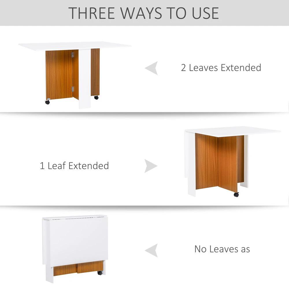 Folding Drop Leaf Table Dining Mobile Writing Desk W/ Casters-Teak/White by HOMCOM