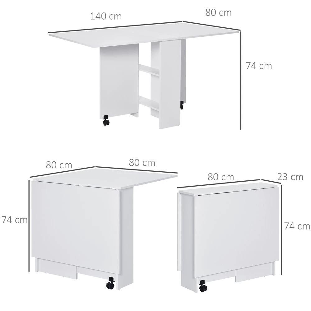 Kitchen Folding Desk Mobile Drop Leaf Dining Table Wheel Storage Shelves White by HOMCOM