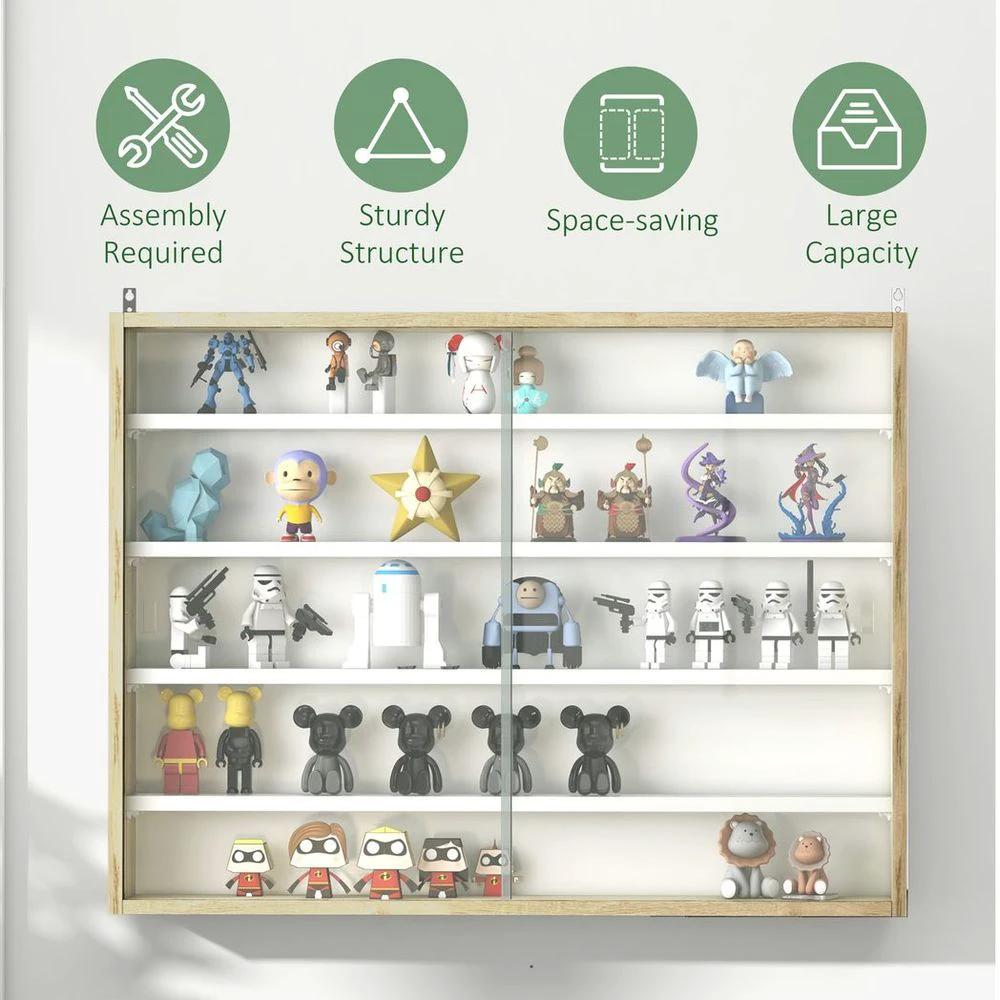 5-Tier Wall Display Shelf Unit Cabinet w/ Shelves Glass Doors Natural by HOMCOM