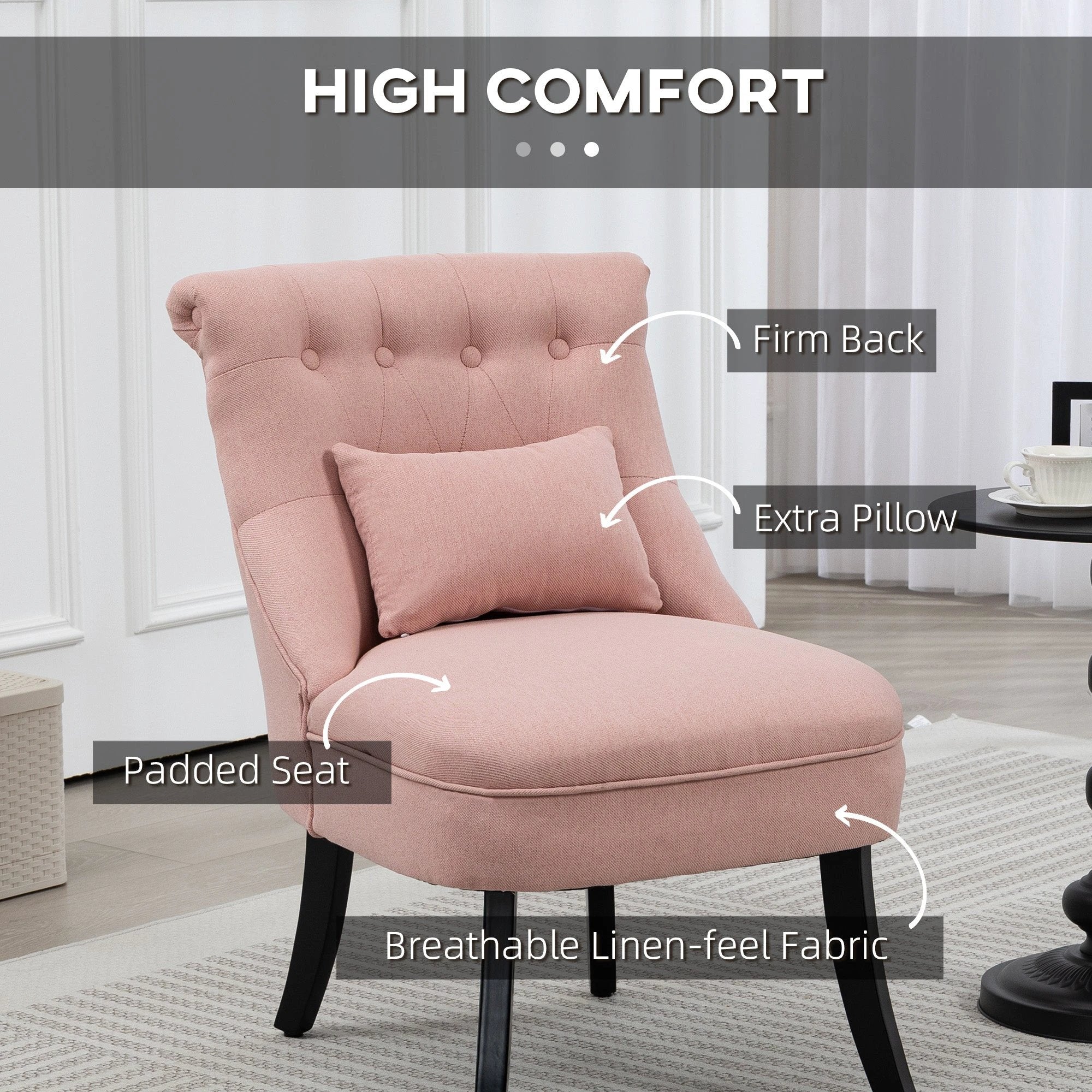 HOMCOM Fabric Single Sofa Upholstered with Pillow Wood Leg Pink - Fabric Dining Chairs