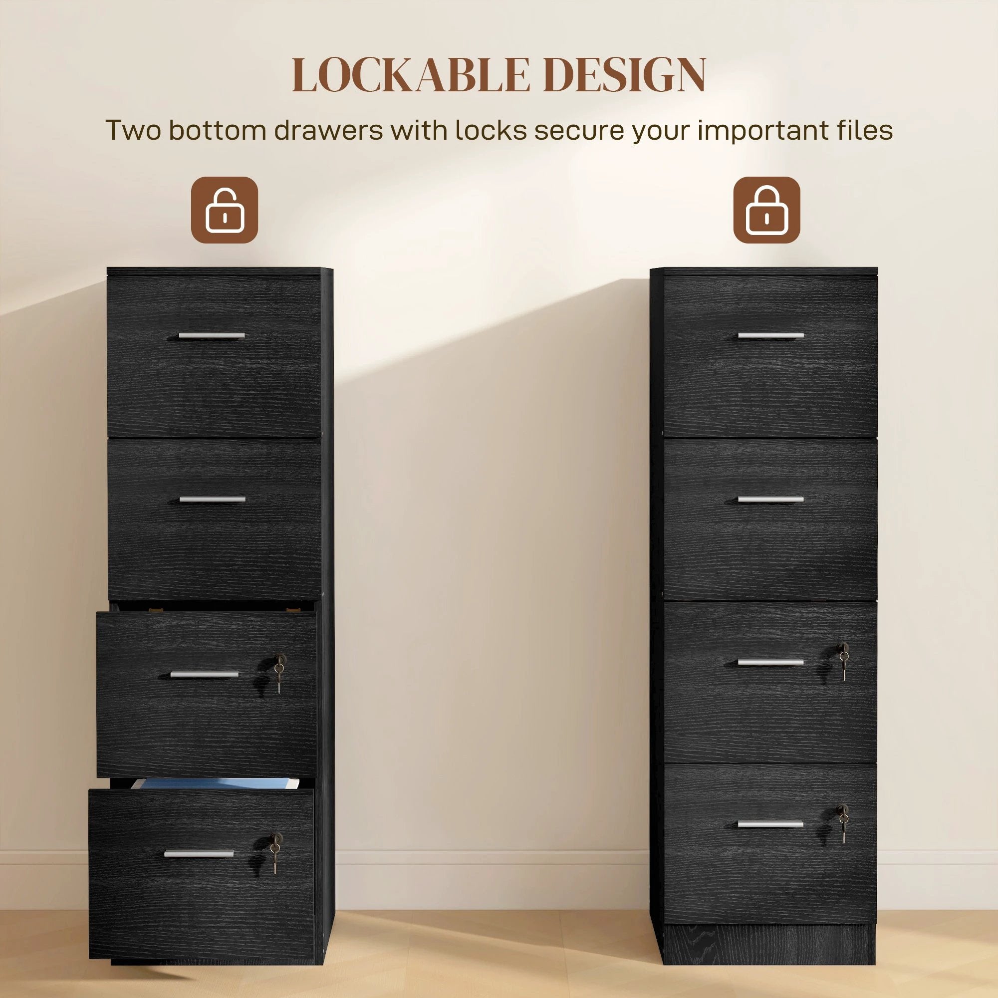 HOMCOM HOMCOM 4 Drawer File Cabinet Locking Filing Cabinet, Black Wood Effect - Filing Cabinet