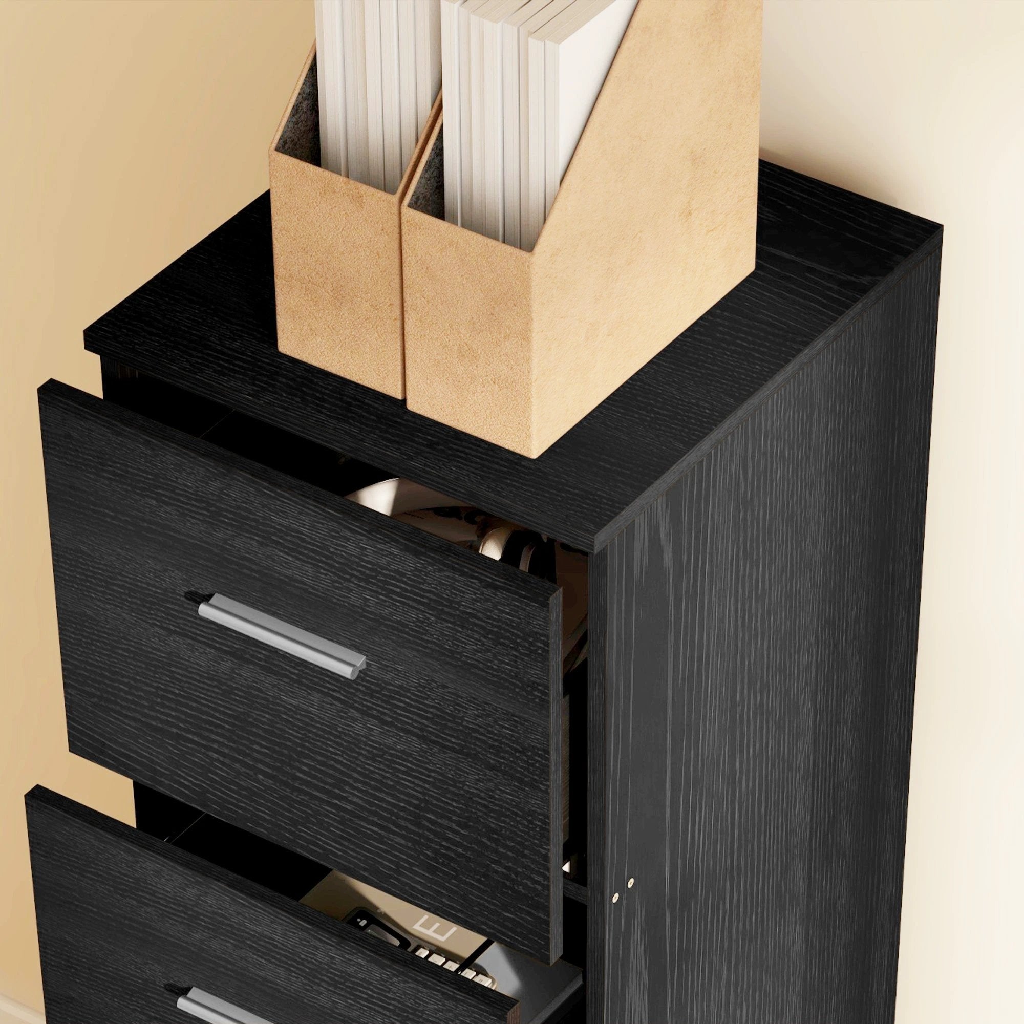 HOMCOM 4 Drawer File Cabinet Locking Filing Cabinet, Black Wood Effect by HOMCOM