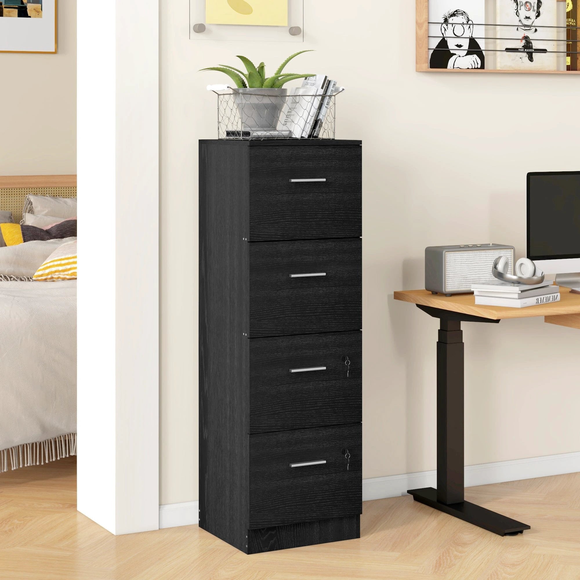 HOMCOM HOMCOM 4 Drawer File Cabinet Locking Filing Cabinet, Black Wood Effect - Filing Cabinet