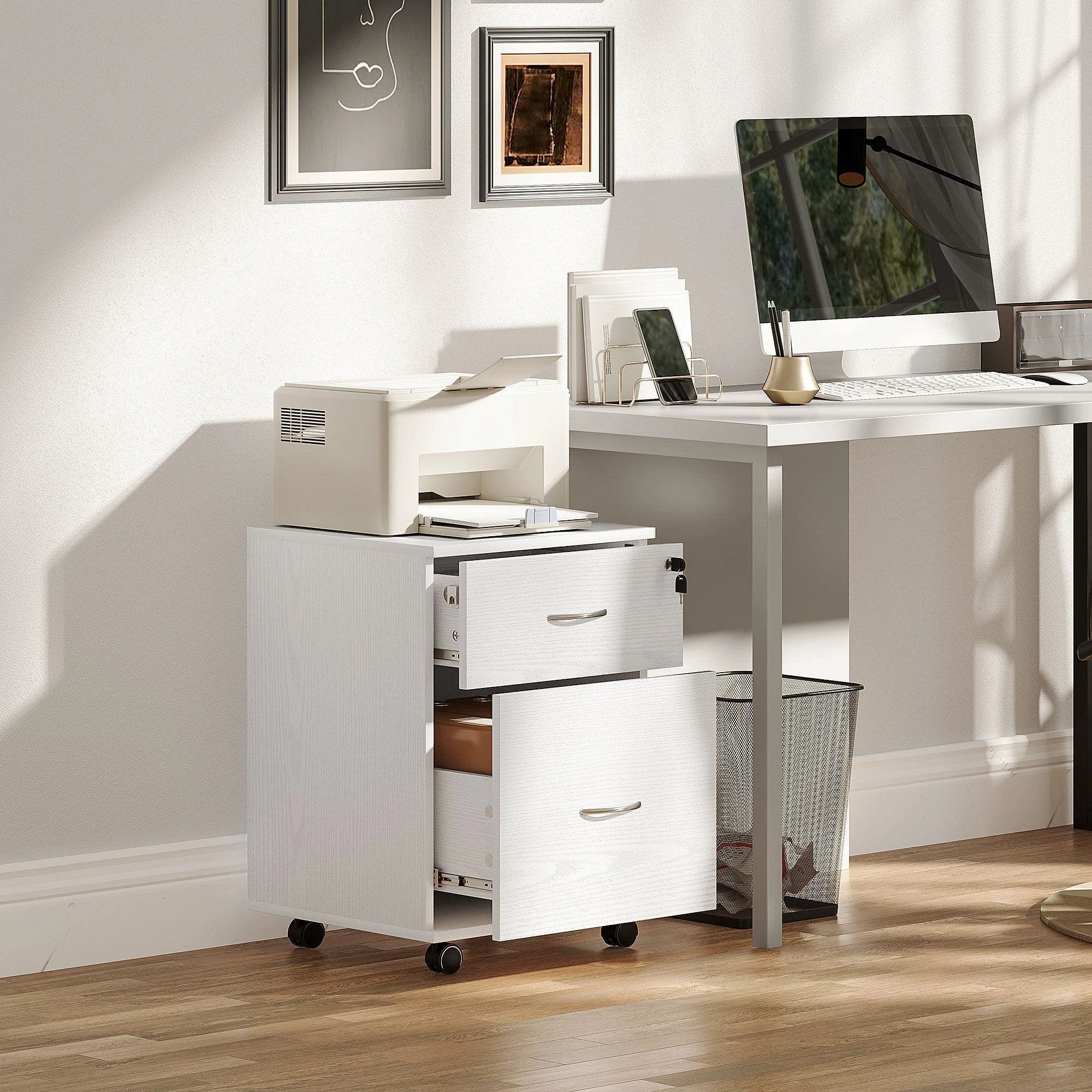 HOMCOM Pedestal Office Mobile Filing Cabinet 2 Drawer White by HOMCOM
