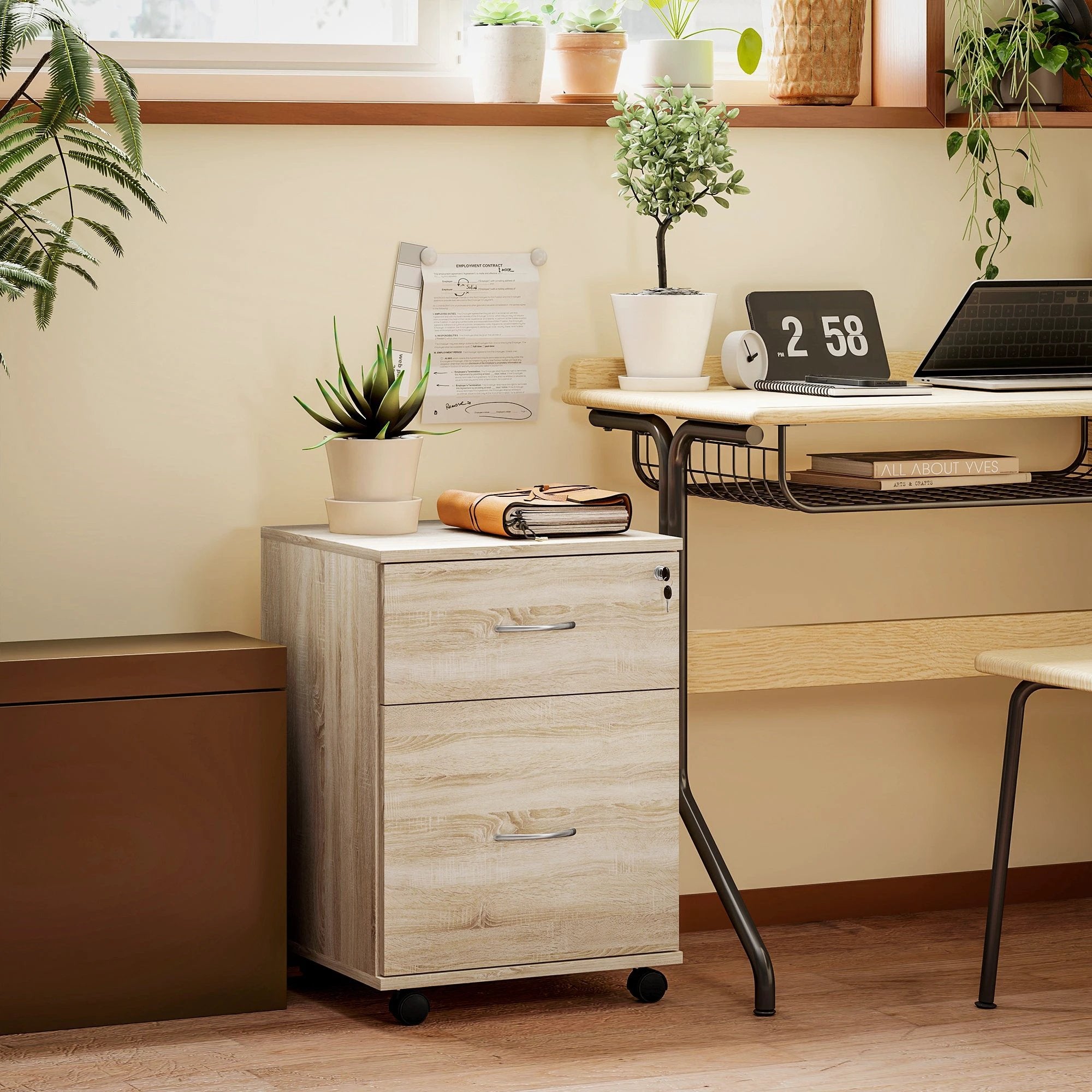 HOMCOM Pedestal Office Mobile Filing Cabinet 2 Drawer Wooden Storage Oak - Filing Cabinet