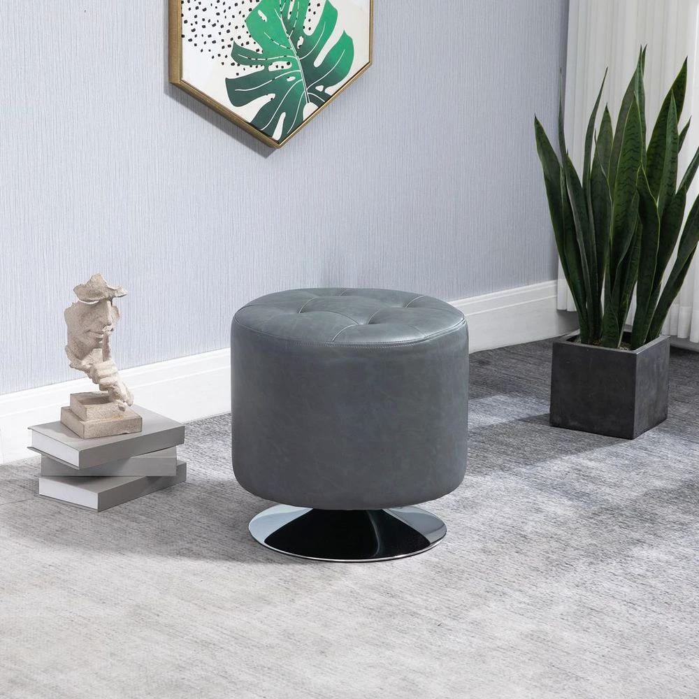 HOMCOM 360 Swivel Foot Stool PU Ottoman w/ Thick Padding & Steel Base, Grey - Uncategorized Footstool