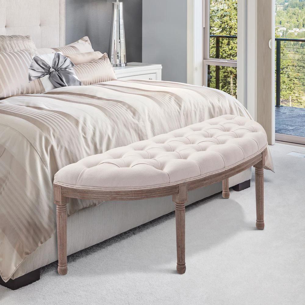 Half-Circle End Bench Ottoman Footstool Button Tufting Padded Seat Cream by HOMCOM