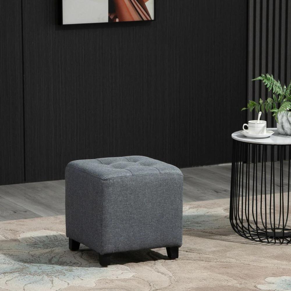 HOMCOM Linen-Look Square Ottoman Footstool Button Tufts Wood Frame Padding Grey - Uncategorized Footstool