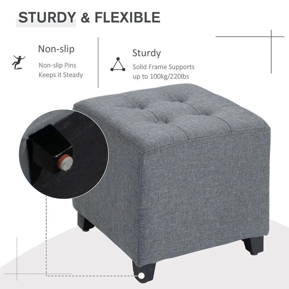 HOMCOM Linen-Look Square Ottoman Footstool Button Tufts Wood Frame Padding Grey - Uncategorized Footstool