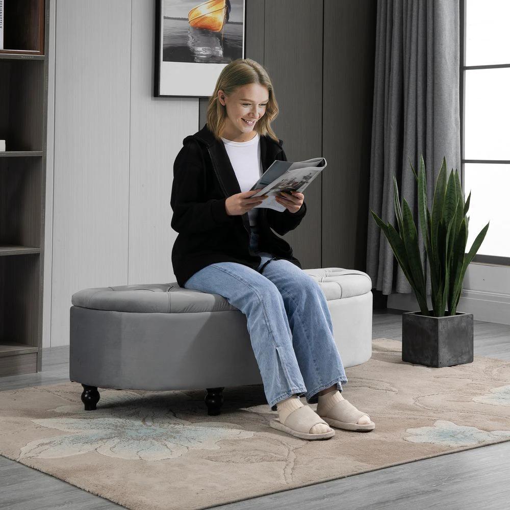 Semi-Circle Storage Ottoman Bench Tufted Upholstered Accent Footrest by HOMCOM
