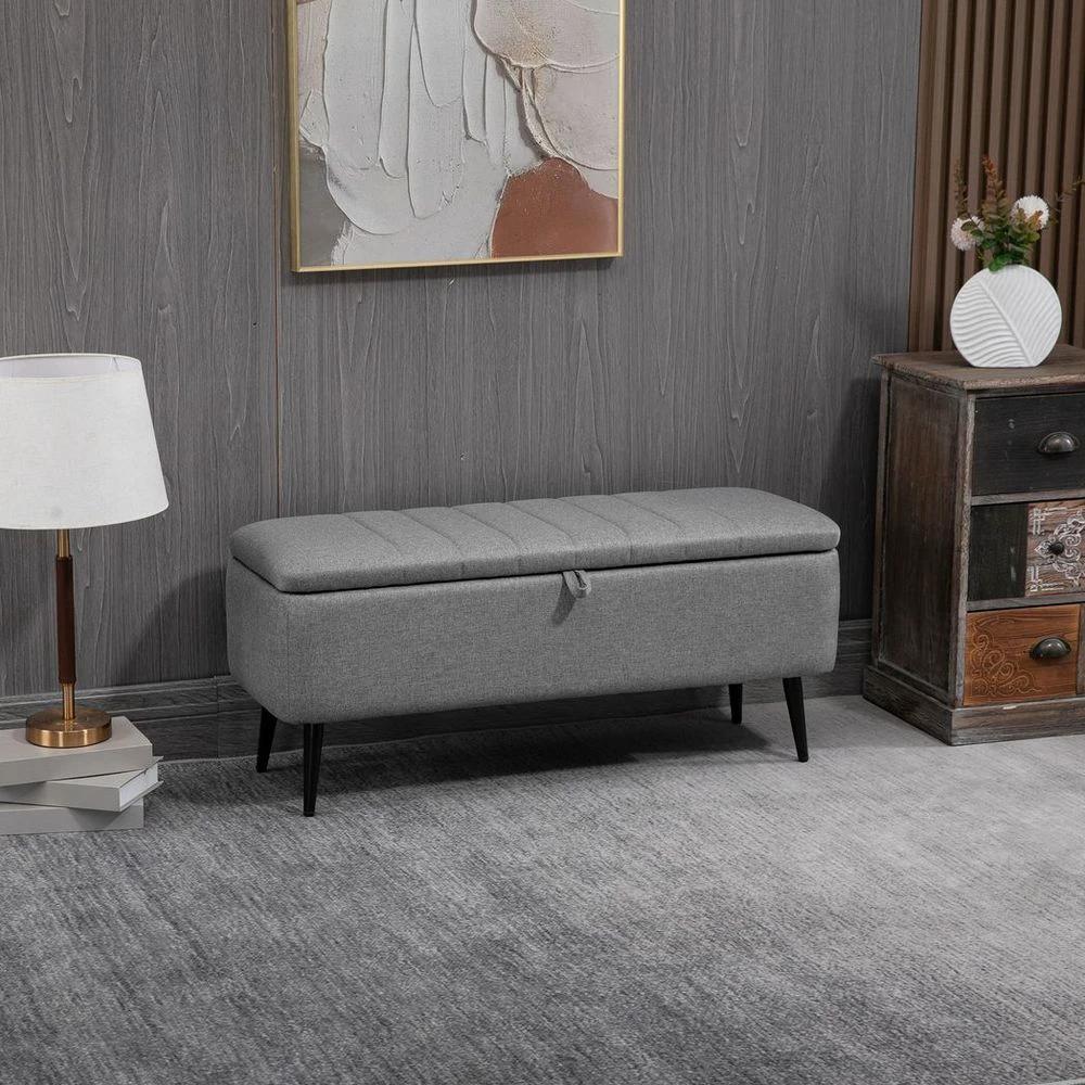 HOMCOM Storage Ottoman Bench, Linen Fabric Footstool with Steel Legs Grey - Uncategorized Footstool