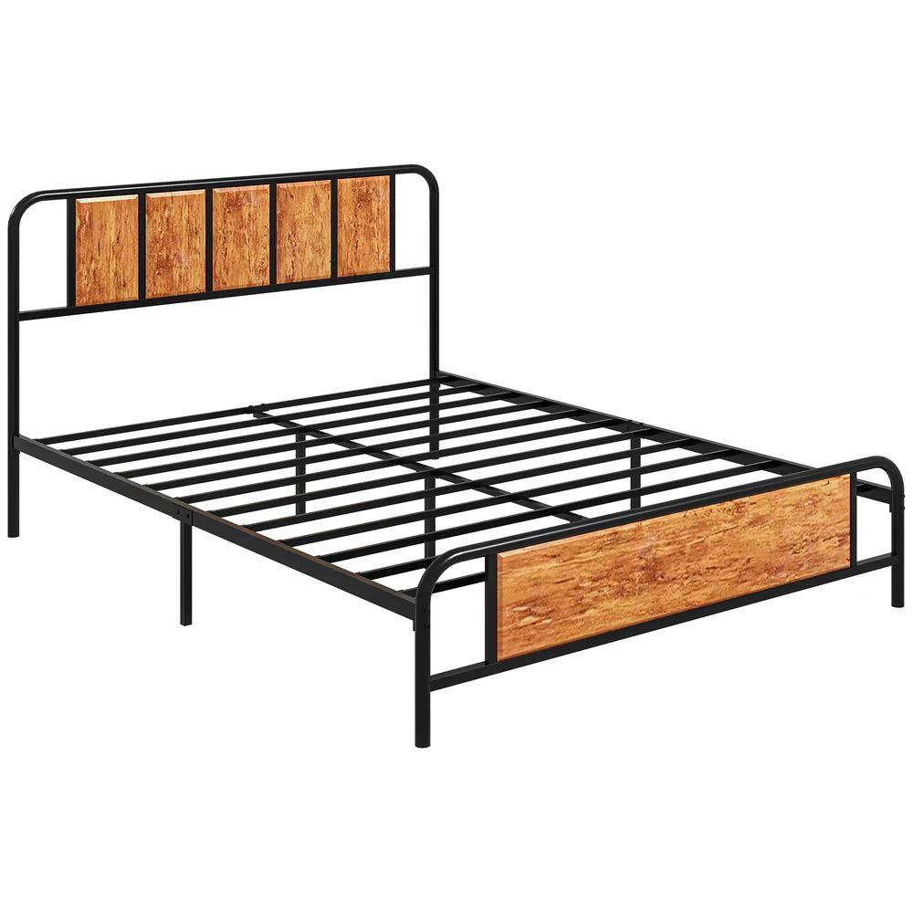 King Size Bed Frame Steel Bed Base with Headboard 160 x 207cm Brown by HOMCOM