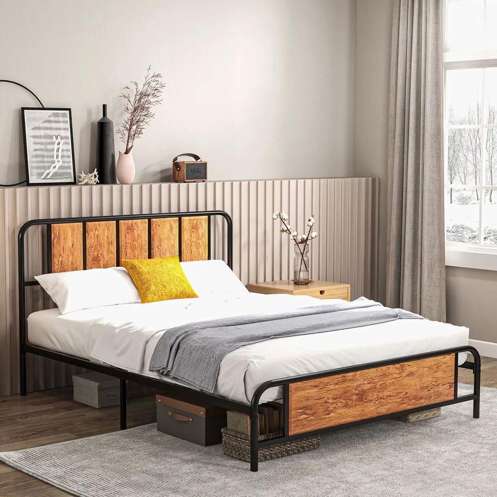 King Size Bed Frame Steel Bed Base with Headboard 160 x 207cm Brown by HOMCOM