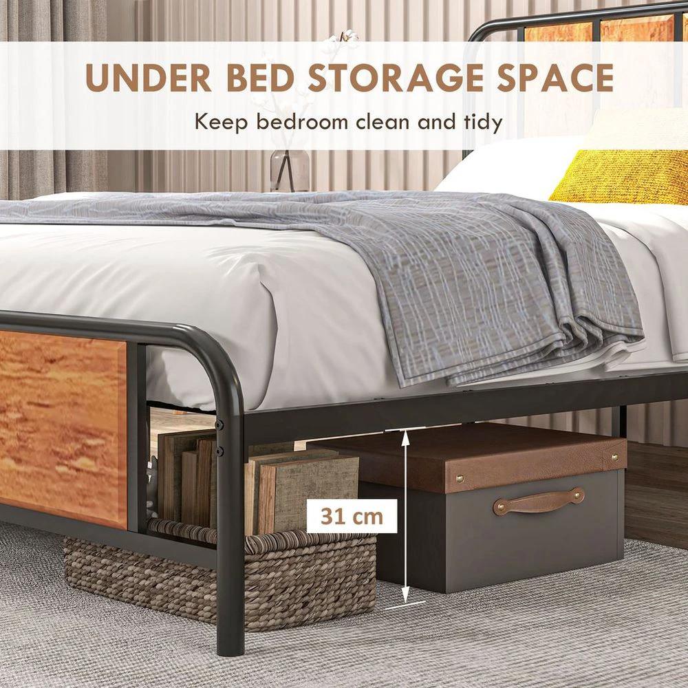 King Size Bed Frame Steel Bed Base with Headboard 160 x 207cm Brown by HOMCOM