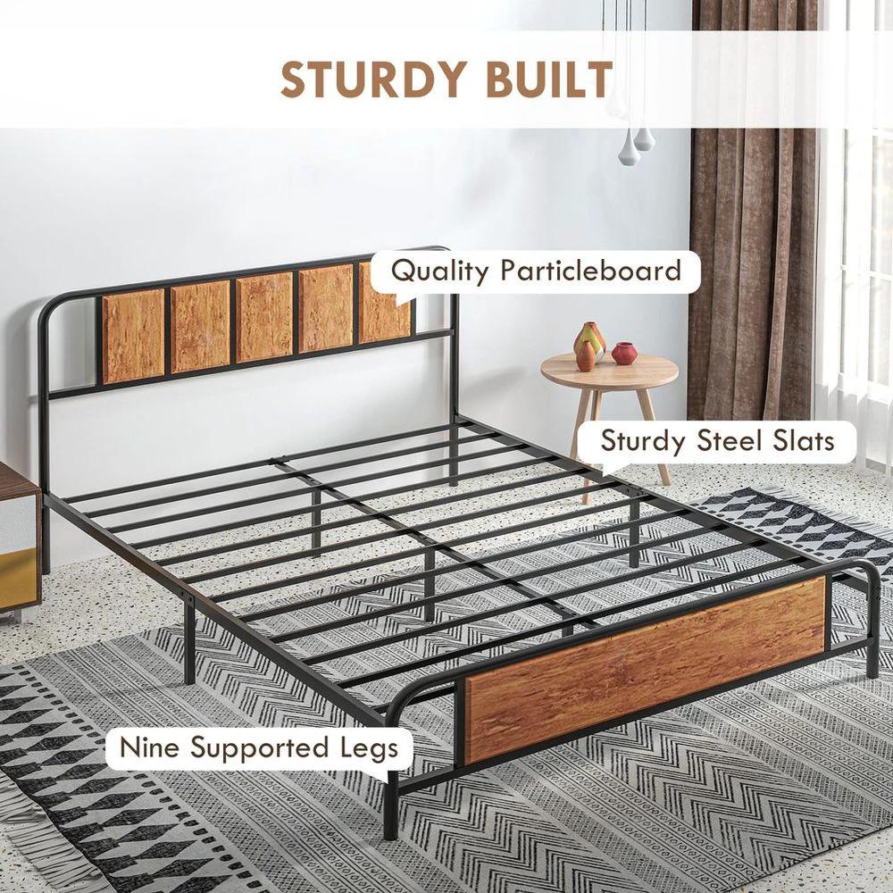King Size Bed Frame Steel Bed Base with Headboard 160 x 207cm Brown by HOMCOM