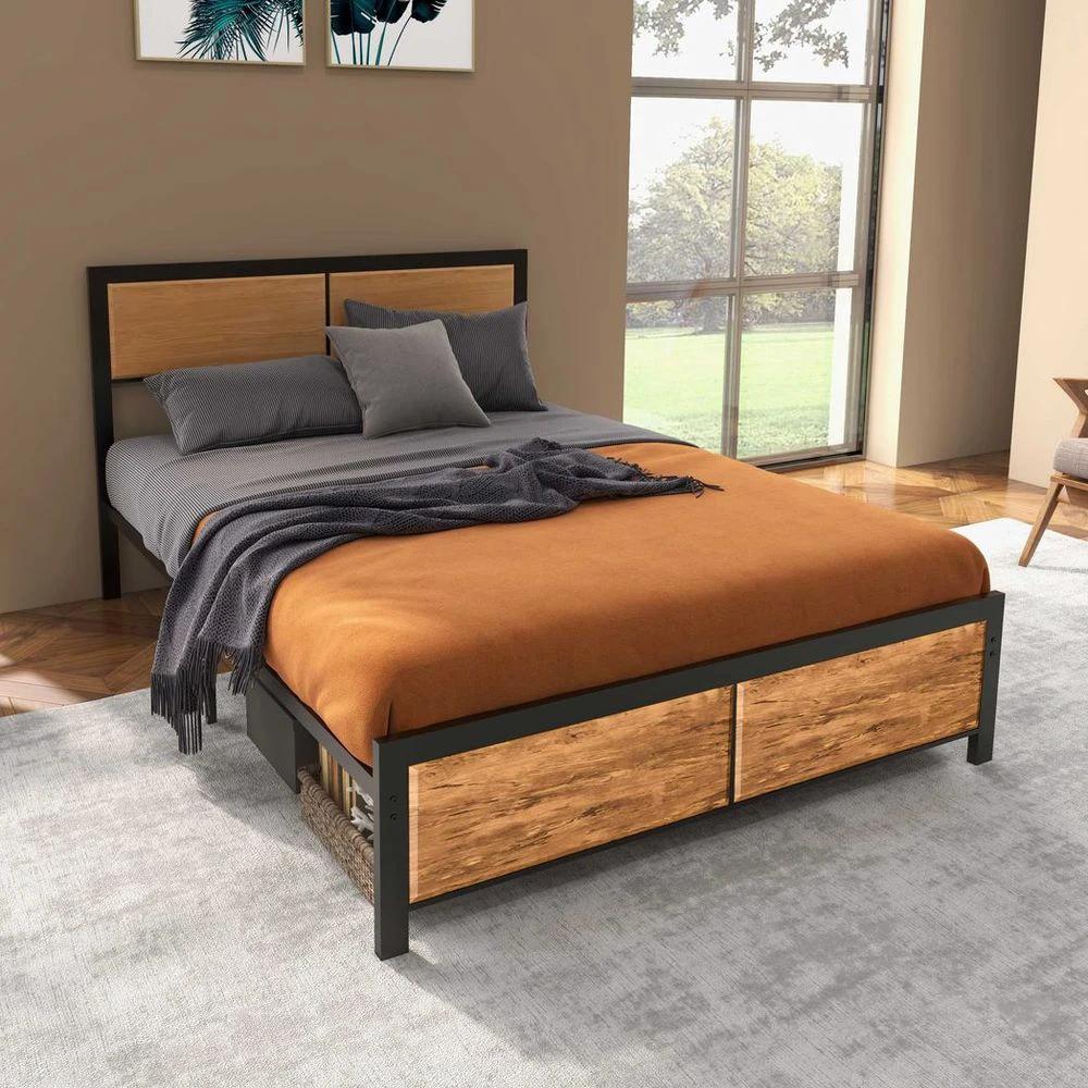 King Size Bed Frame Steel Bed Base with Headboard 160 x 207cm Brown by HOMCOM
