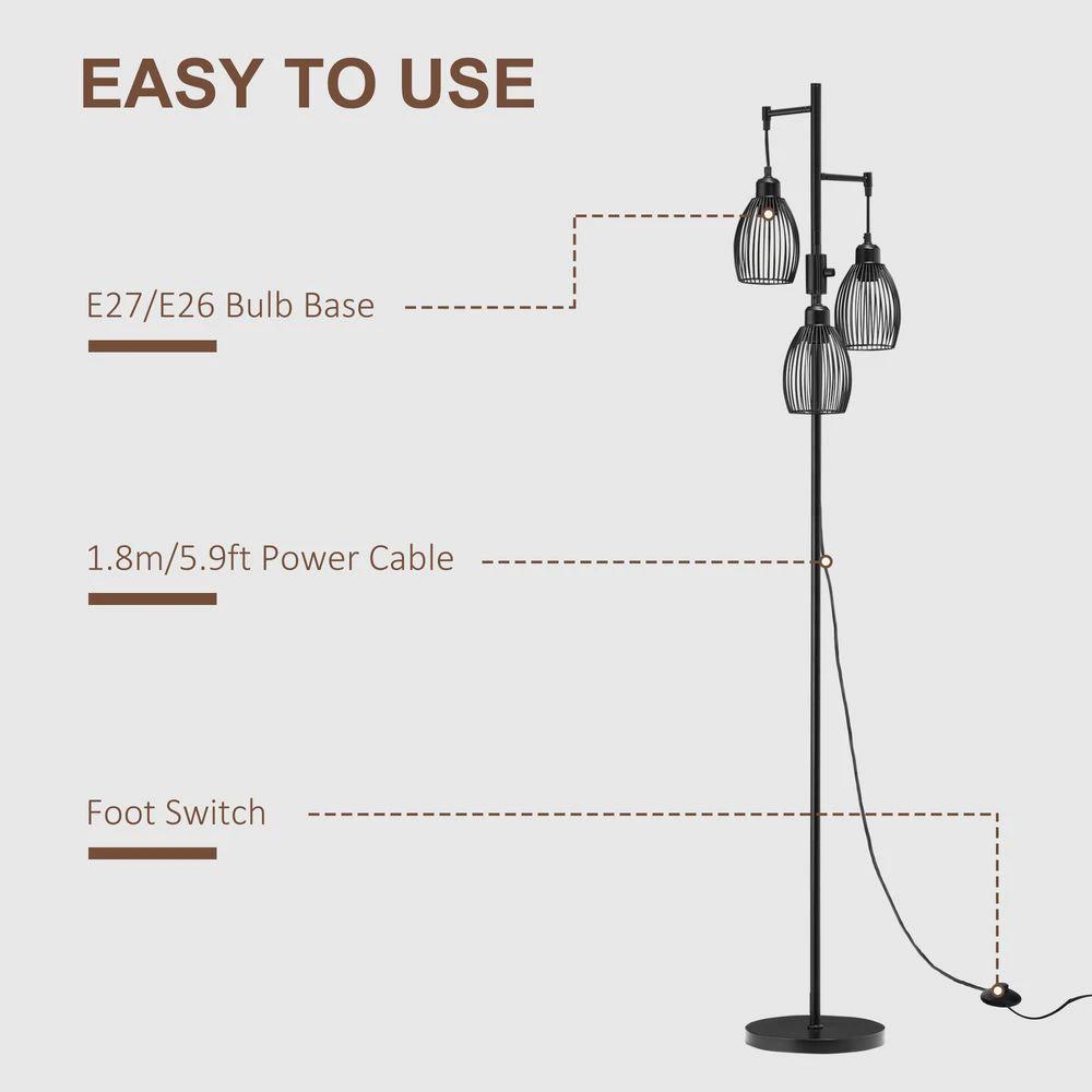 HOMCOM 170cm Industrial 3-Light Floor Lamp, Dimmable Black Homcom - Uncategorized Lamp