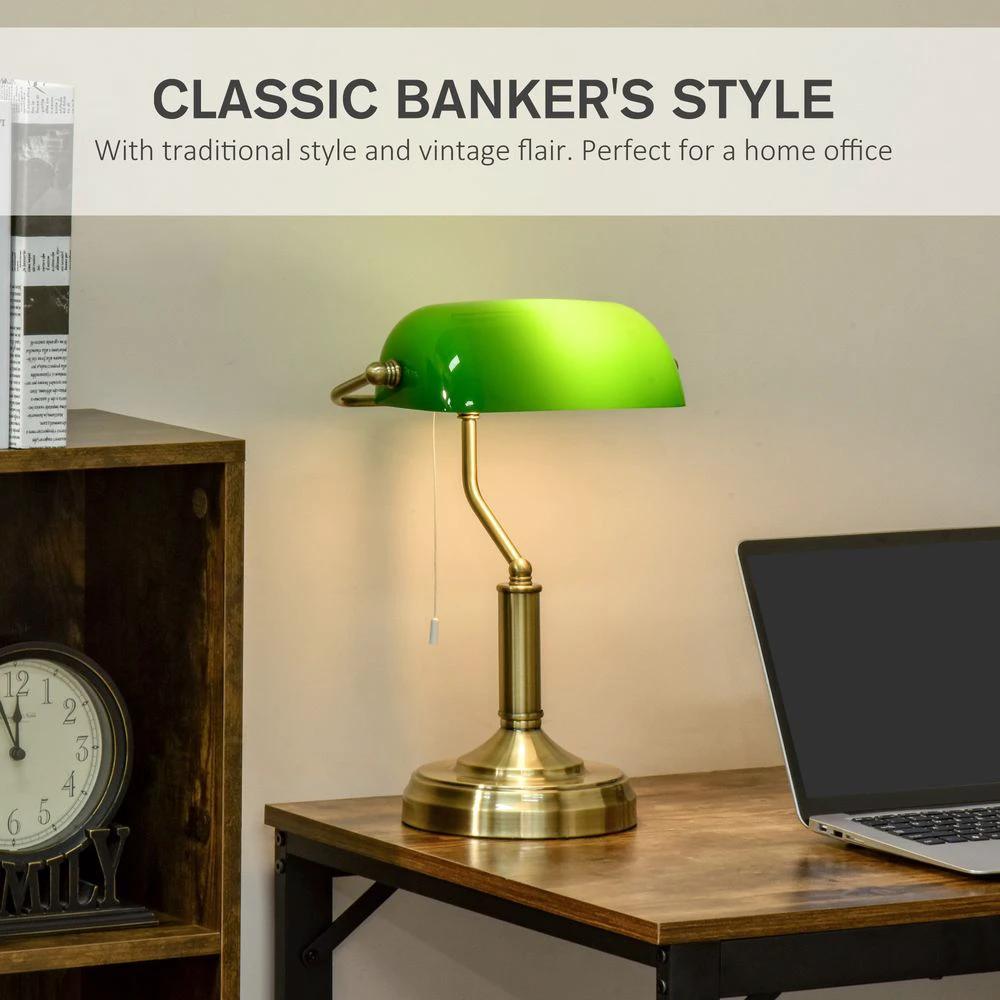 Banker's Table Lamp Desk Lamp w/Antique Bronze Base, Glass Shade and Pull Rope by HOMCOM