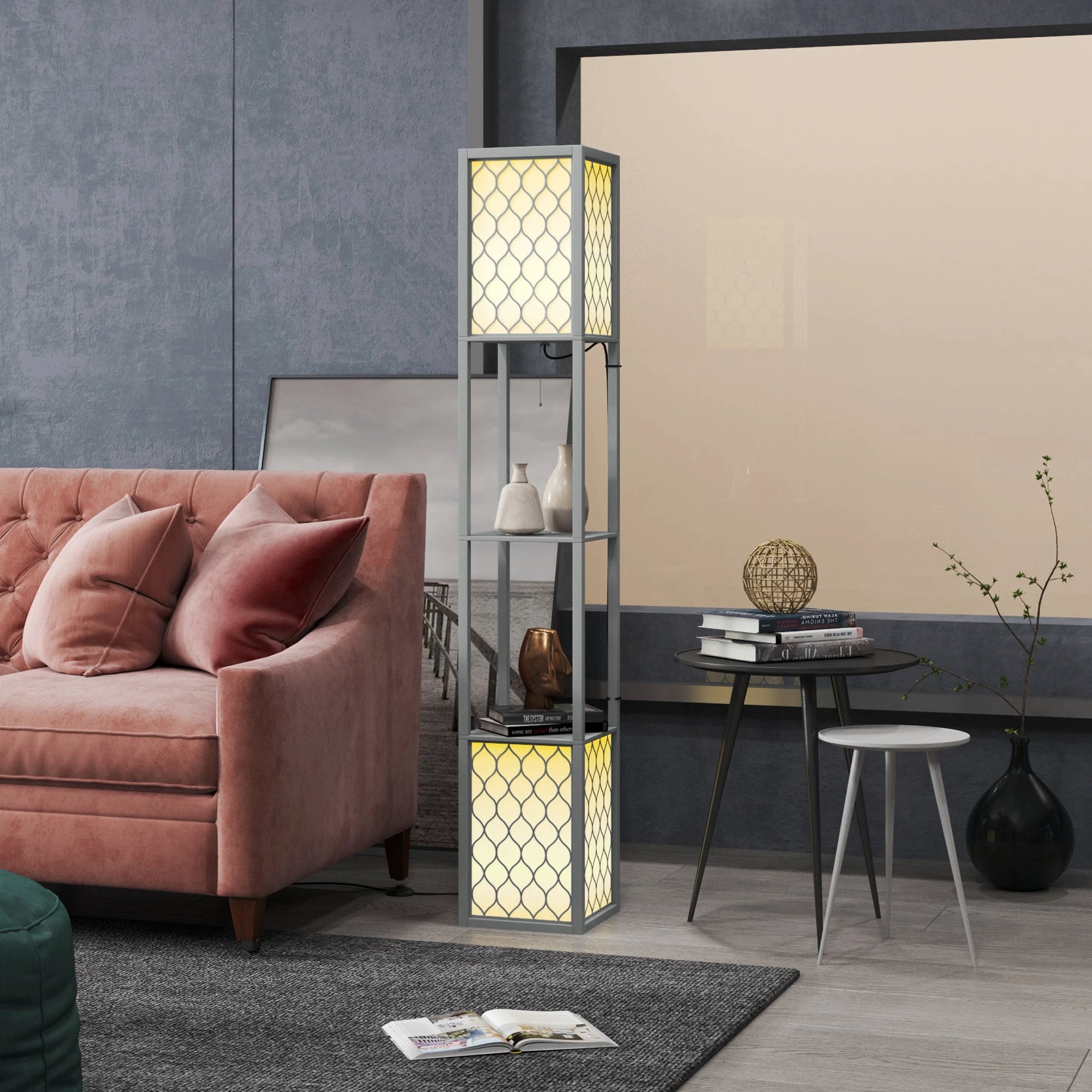 HOMCOM HOMCOM 2-Light Modern Floor Lamp with Shelves for Living Room, Bedroom, Grey - Lamp