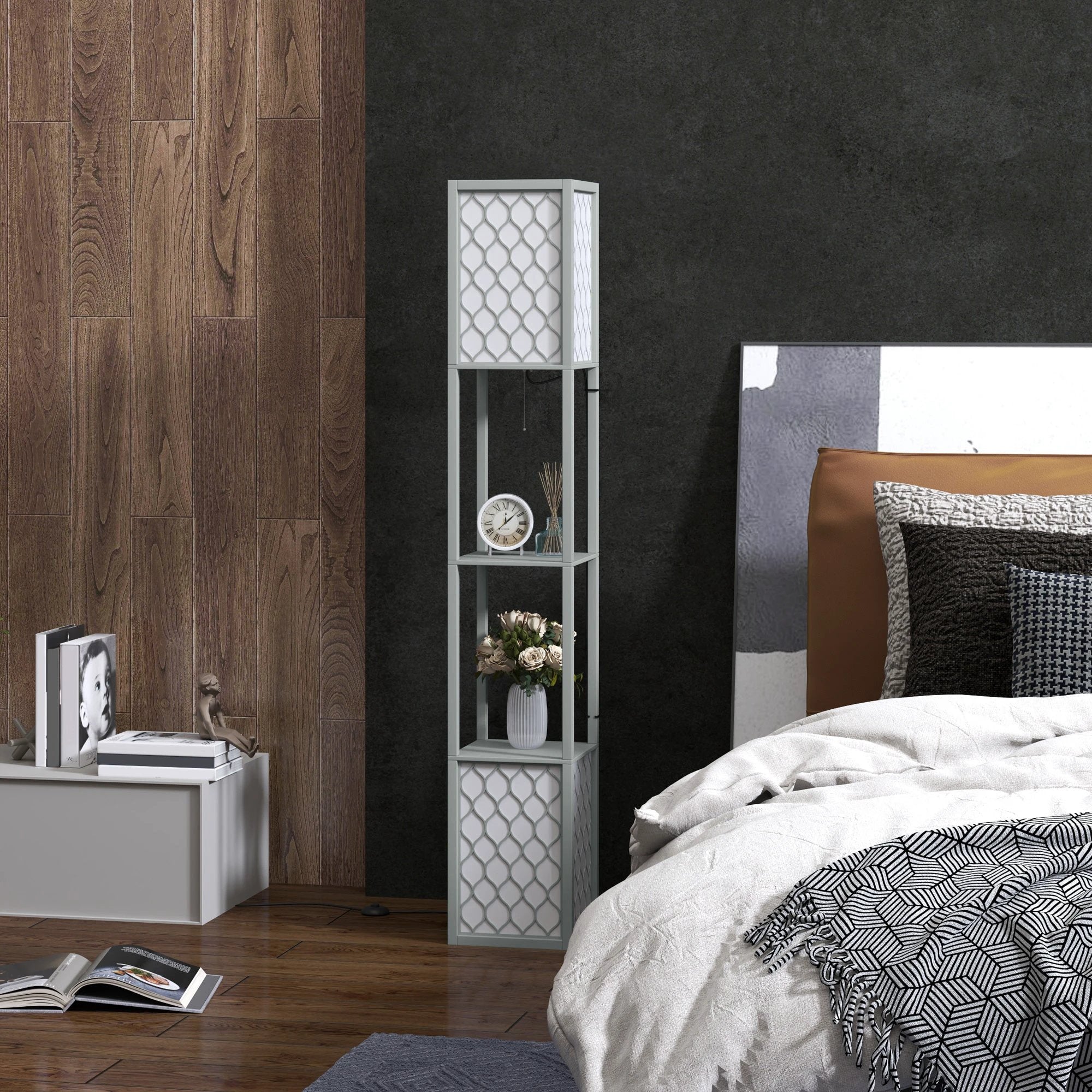 HOMCOM HOMCOM 2-Light Modern Floor Lamp with Shelves for Living Room, Bedroom, Grey - Lamp