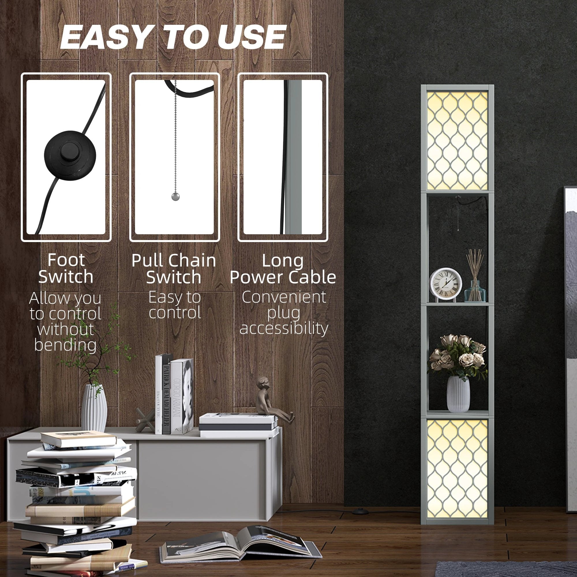 HOMCOM 2-Light Modern Floor Lamp with Shelves for Living Room, Bedroom, Grey by HOMCOM