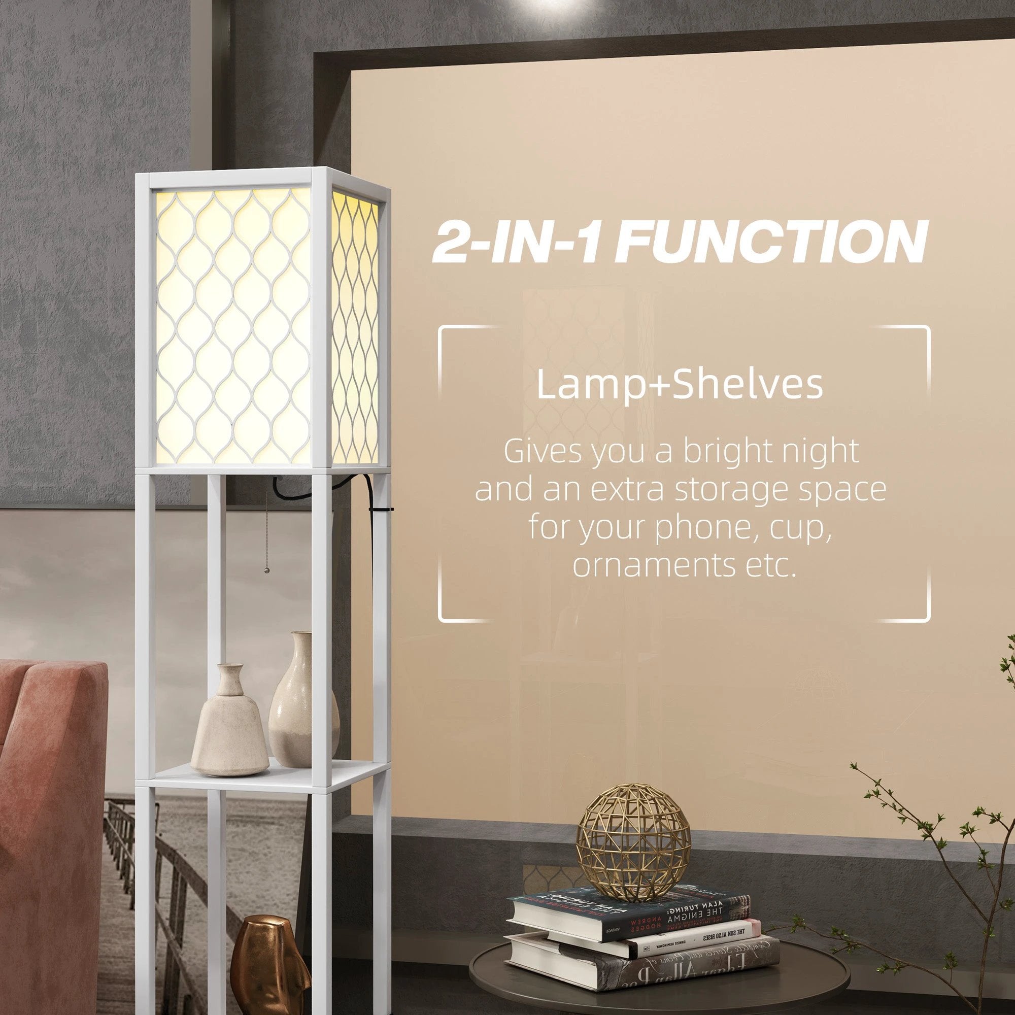HOMCOM HOMCOM 2-Light Modern Floor Lamp with Shelves for Living Room, Bedroom, White - Lamp