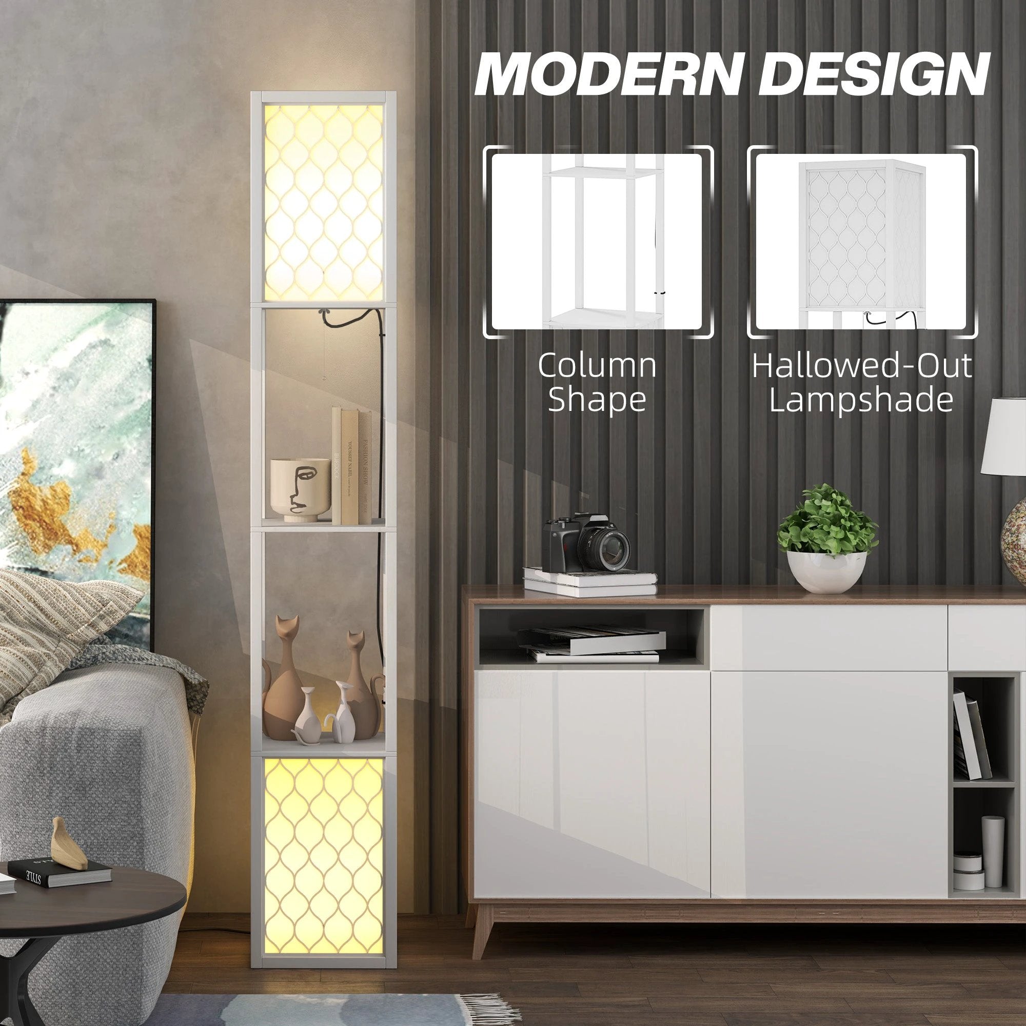 HOMCOM HOMCOM 2-Light Modern Floor Lamp with Shelves for Living Room, Bedroom, White - Lamp