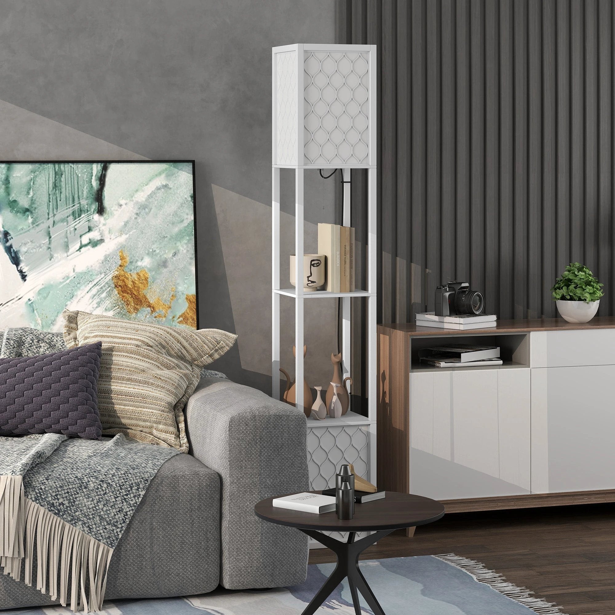 HOMCOM HOMCOM 2-Light Modern Floor Lamp with Shelves for Living Room, Bedroom, White - Lamp