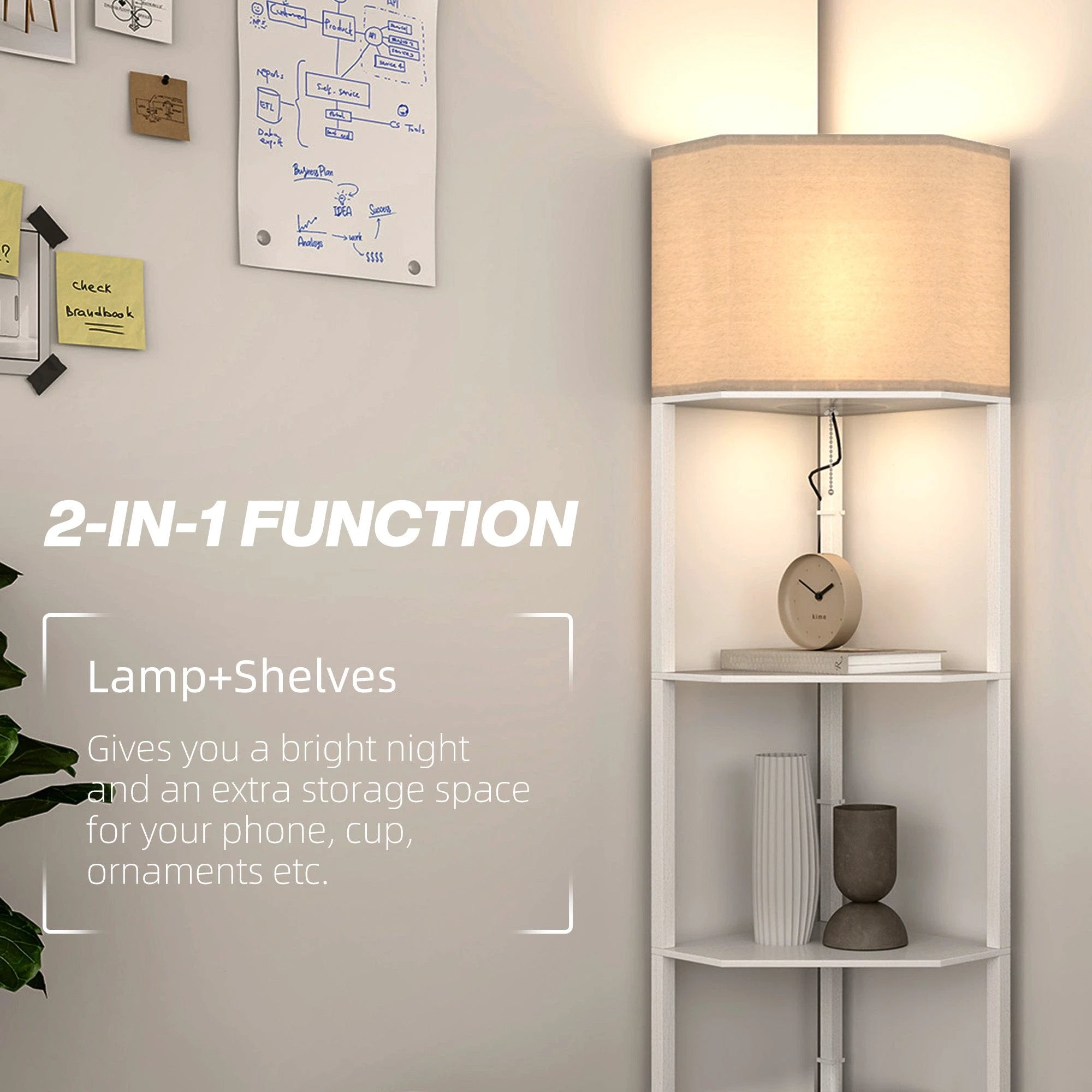 HOMCOM Corner Modern Floor Lamp with Shelves for Living Room, Bedroom, White by HOMCOM