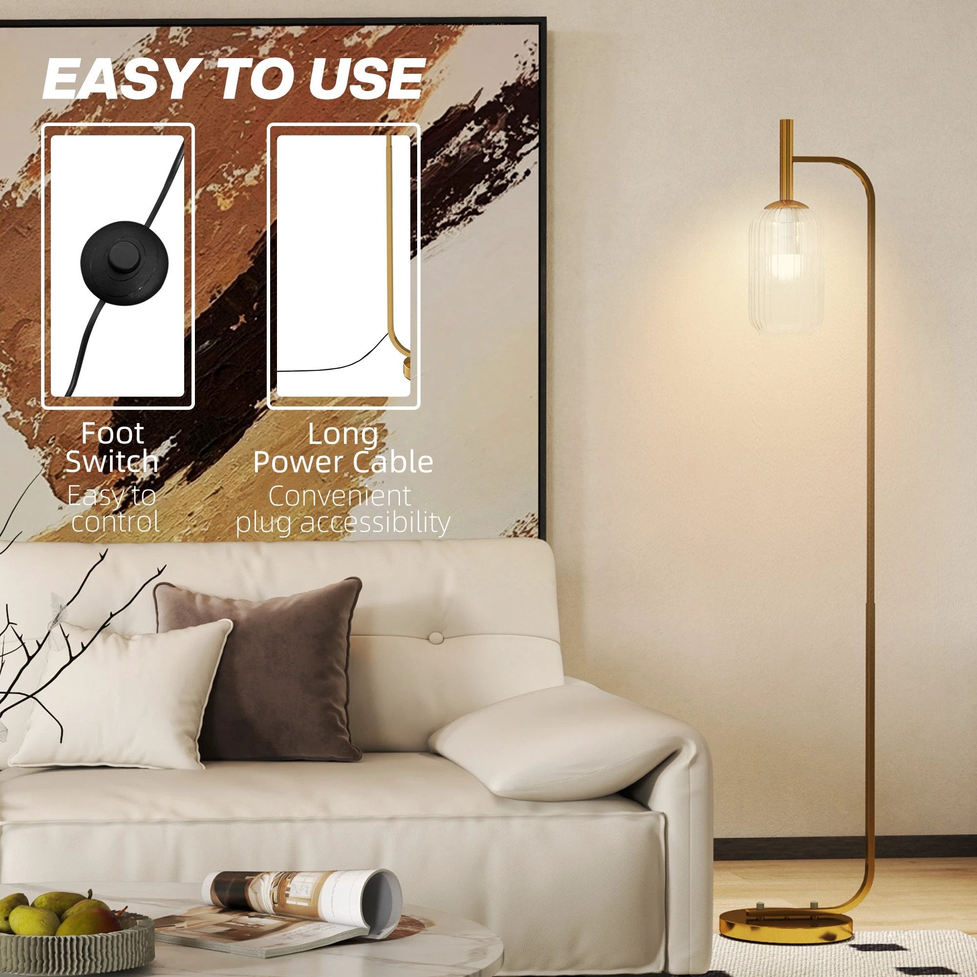 HOMCOM Modern Floor Lamp with Glass Lampshade, Foot Switch for Living Room by HOMCOM