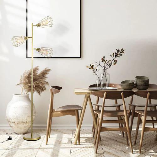 Industrial Steel Birdcage Floor Lamp w/ 3 Lights Round Base Switch Gold - Lamp from HOMCOM