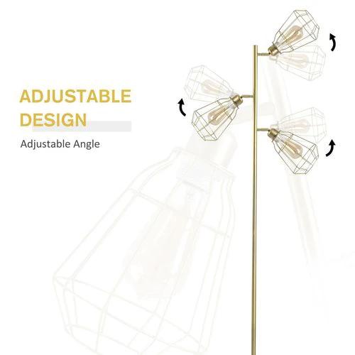 Industrial Steel Birdcage Floor Lamp w/ 3 Lights Round Base Switch Gold - Lamp from HOMCOM