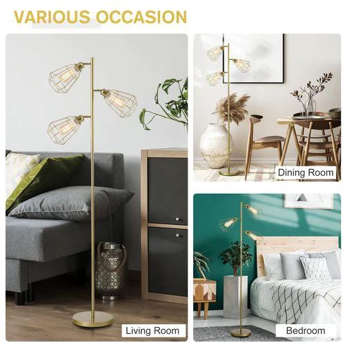 Industrial Steel Birdcage Floor Lamp w/ 3 Lights Round Base Switch Gold - Lamp from HOMCOM