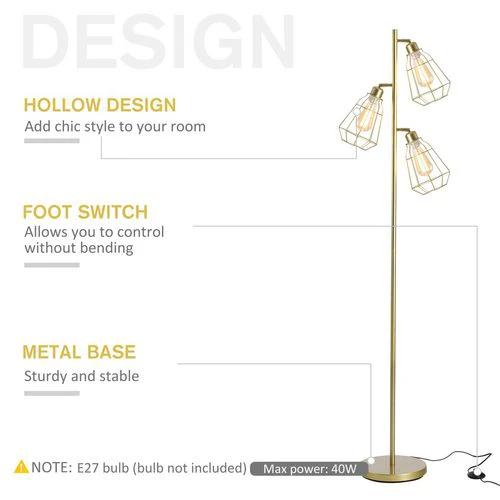 Industrial Steel Birdcage Floor Lamp w/ 3 Lights Round Base Switch Gold - Lamp from HOMCOM