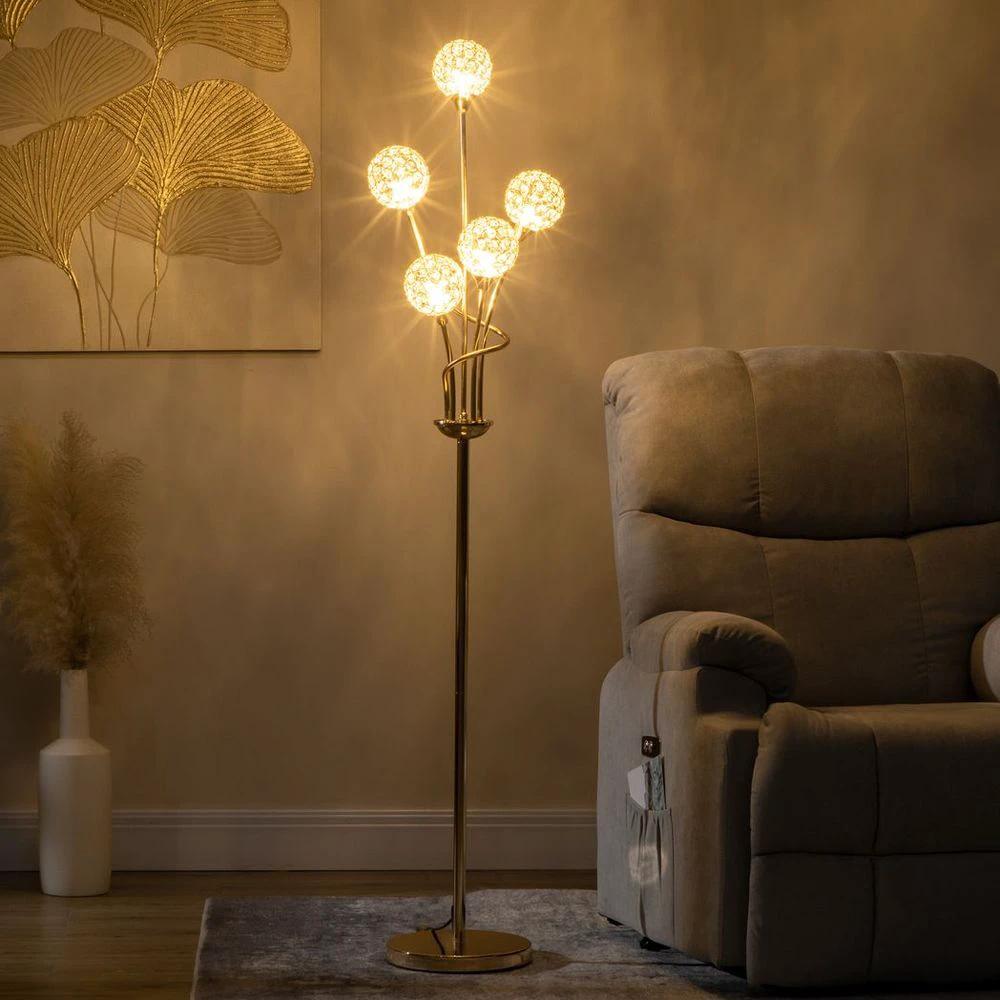 HOMCOM K9 Crystal Floor Lamp for Living Room, 5 Light Upright Standing Lamp, Gold - Uncategorized Lamp
