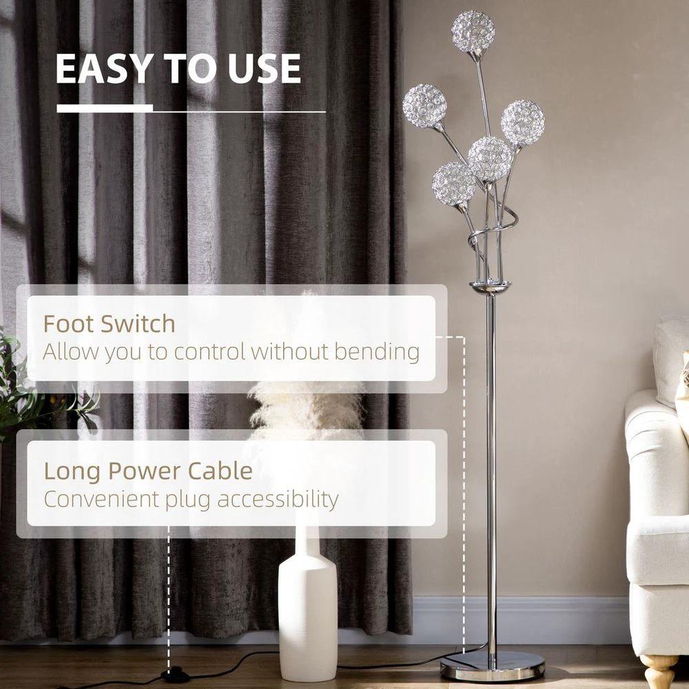 K9 Crystal Floor Lamp for Living Room, 5 Light Upright Standing Lamp, Silver by HOMCOM