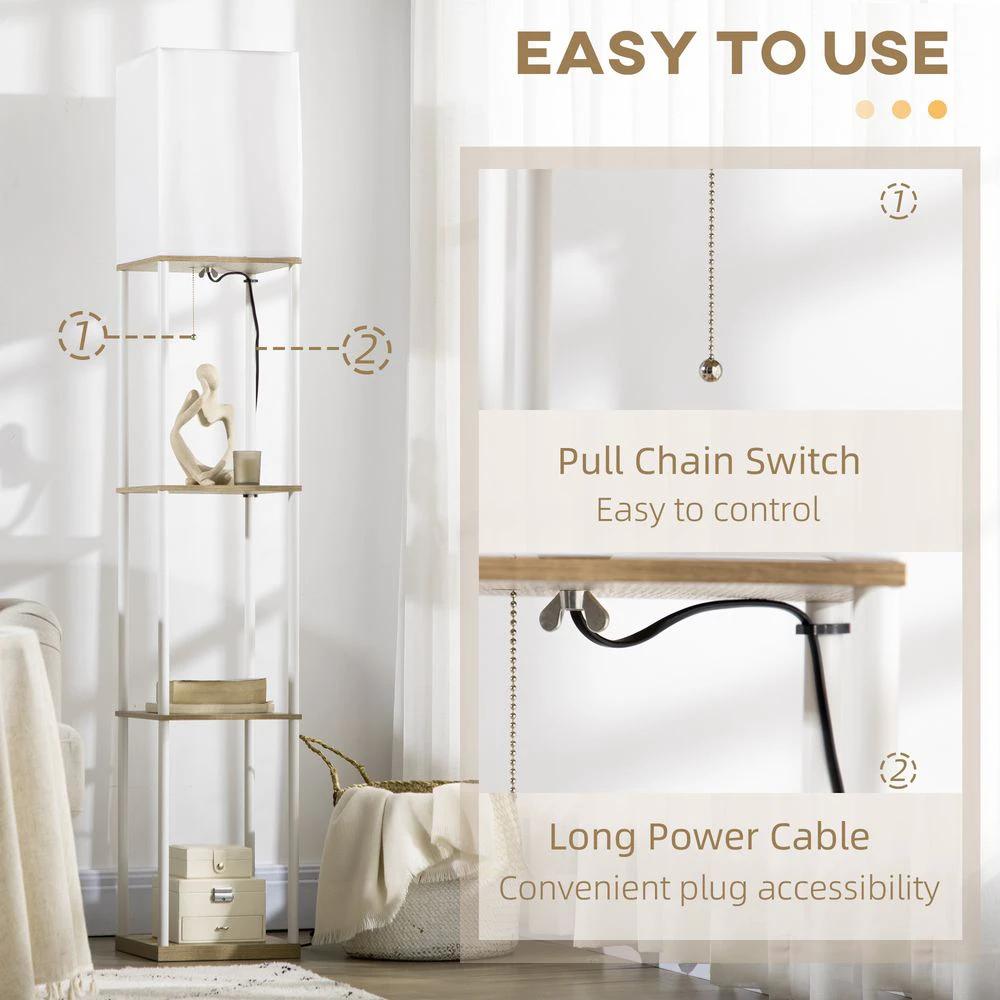 HOMCOM Modern Floor Lamp with Shelves and Fabric Lampshade for Living Room - Uncategorized Lamp