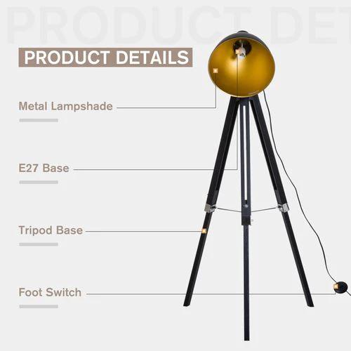 HOMCOM Retro Tripod Floor Lamp Dome Shade Light Wooden Legs-Black/Gold - Lamp
