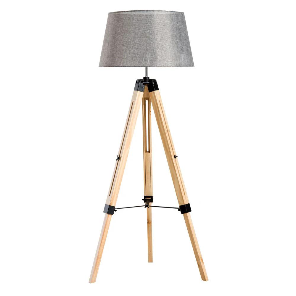 Tripod Floor Lamp w/ Linen Shade Pinewood Legs Adjustable Height Grey by HOMCOM