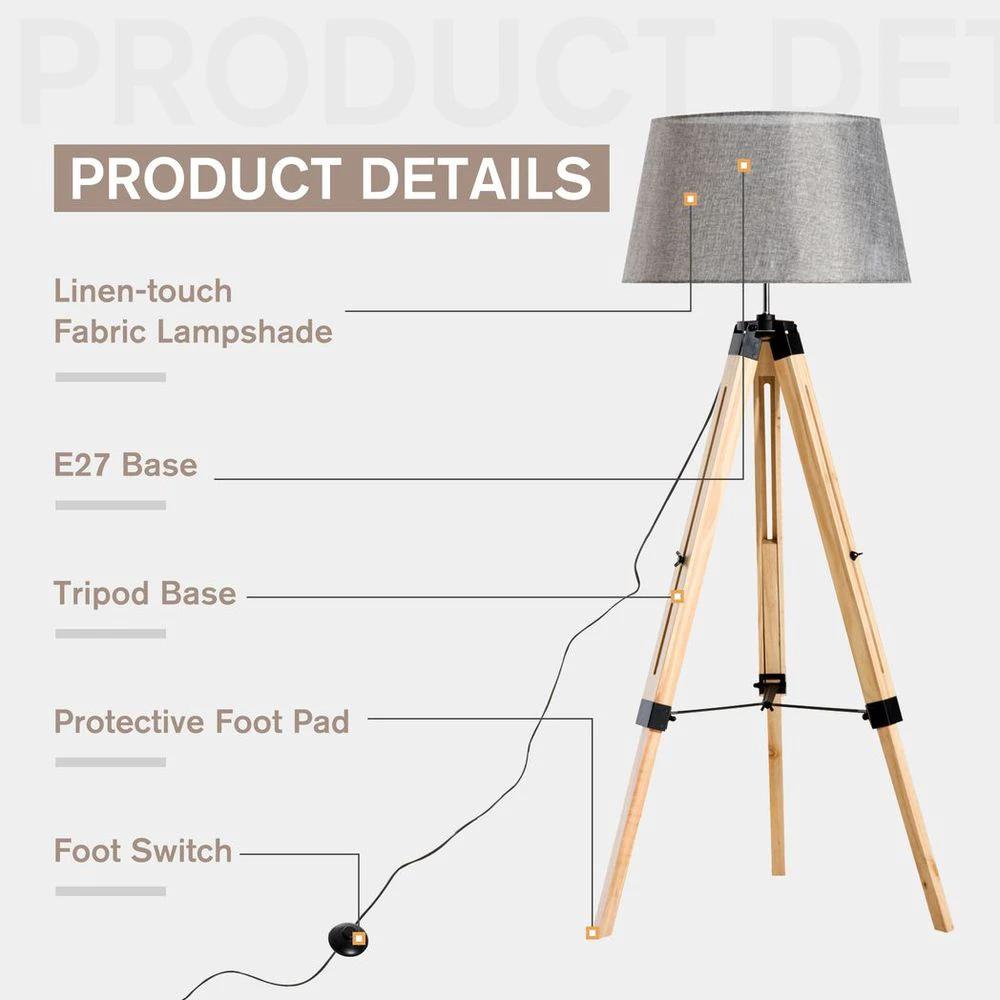 Tripod Floor Lamp w/ Linen Shade Pinewood Legs Adjustable Height Grey by HOMCOM