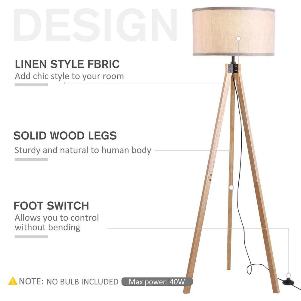 Wood Tripod Floor Lamp Home Lighting Elegant E27 Bulb Linen Shade Grey by HOMCOM