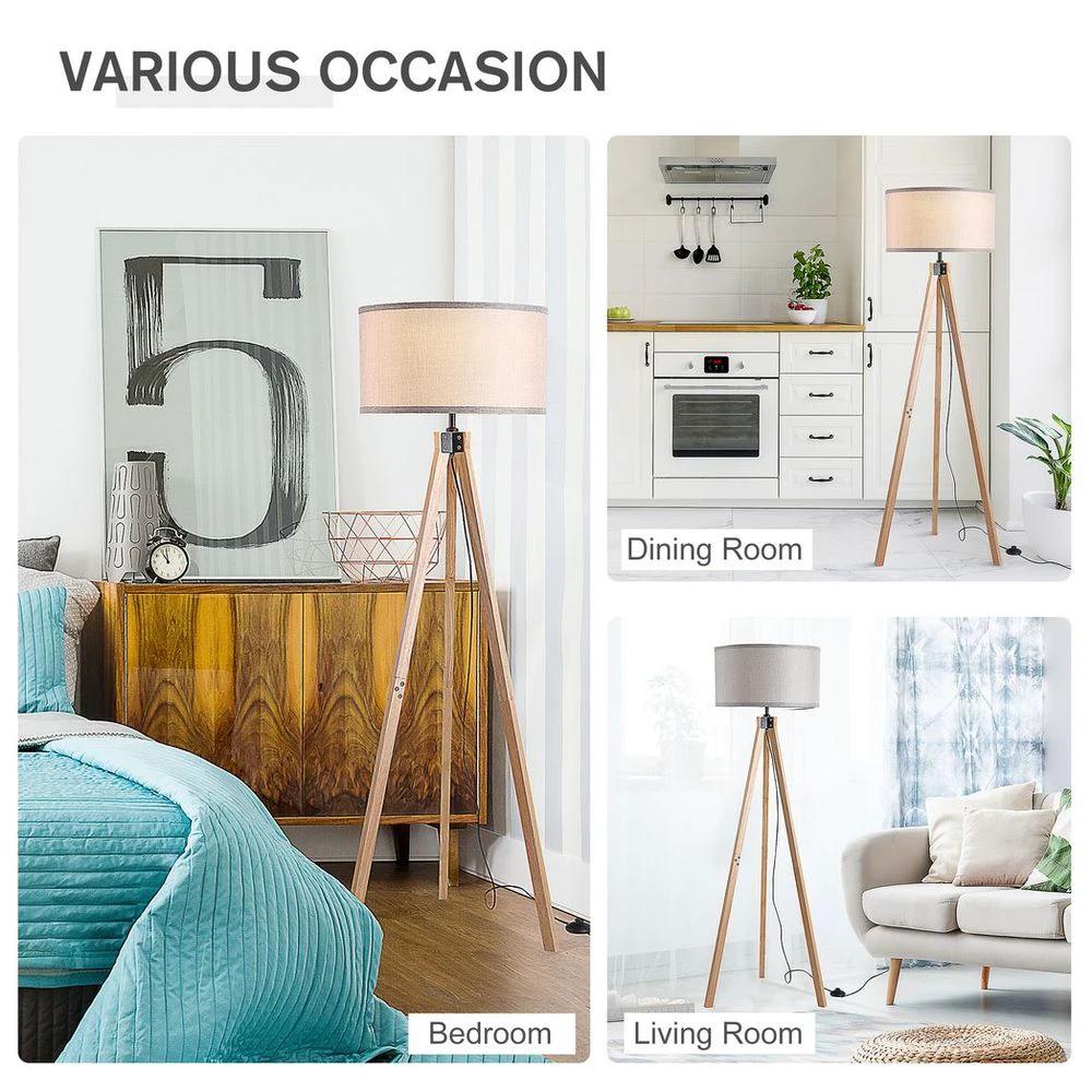 Wood Tripod Floor Lamp Home Lighting Elegant E27 Bulb Linen Shade Grey by HOMCOM