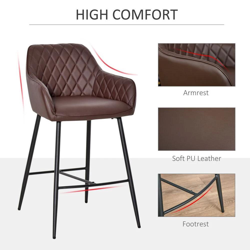 HOMCOM Set Of 2 Retro PU Leather Bar Chairs Set Stylish w/ Footrest Metal Frame - Uncategorized Leather Chairs