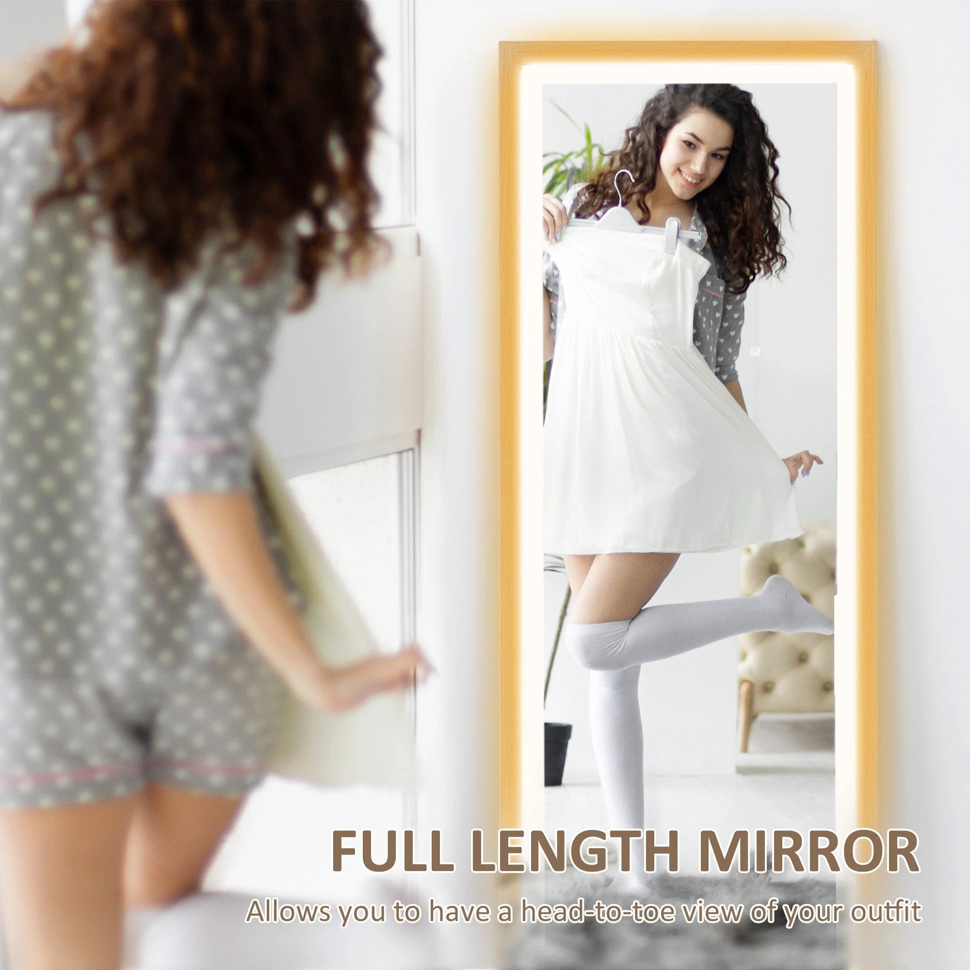 HOMCOM Dimming Full Length Mirror w/ Lights Standing Leaning Wall Mount Oak by HOMCOM